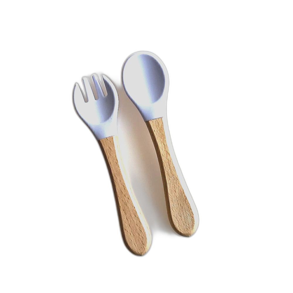 New Silicone and Bamboo Baby Fork and Spoon Set